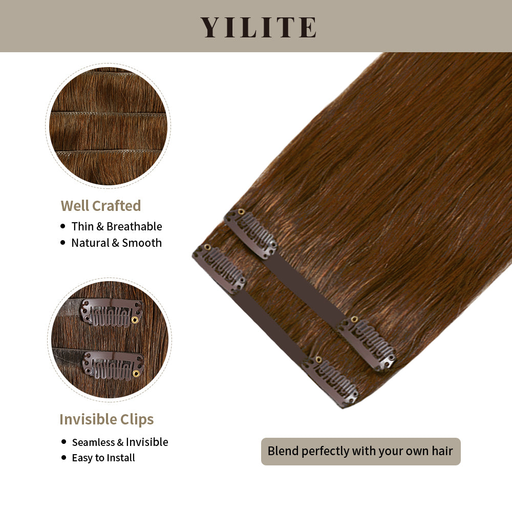 Clip-in hair pads (2 pieces) with front view thumbnail and close-up of clips (#6 Medium Brown)