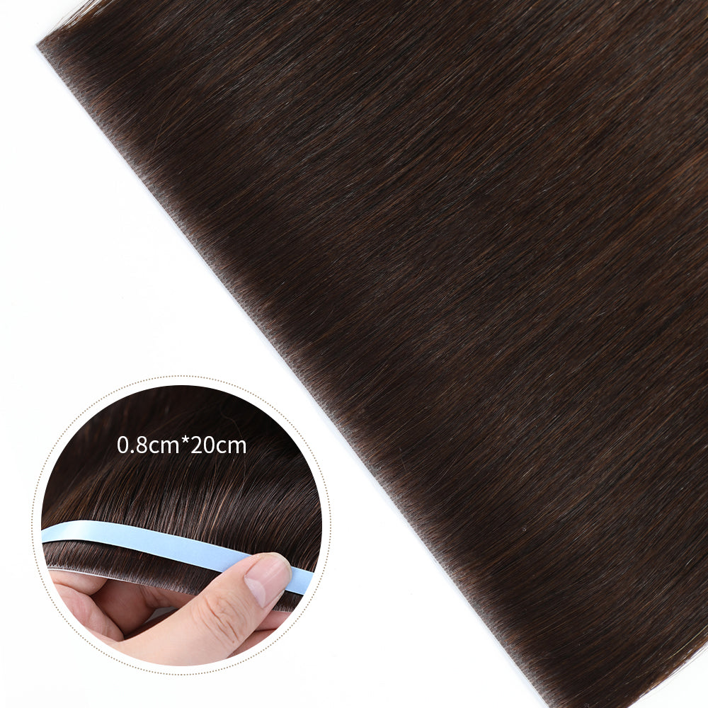 Close-up of Realmhair 20¡Á0.8cm invisible tape-in hair extensions in #2 Darkest Brown  