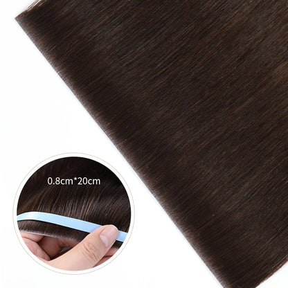 Close-up of Realmhair 20¡Á0.8cm invisible tape-in hair extensions in #2 Darkest Brown  