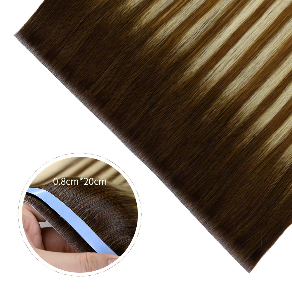 Close-up of Realmhair 20¡Á0.8cm invisible tape-in hair extensions in (#P6/613/T4)