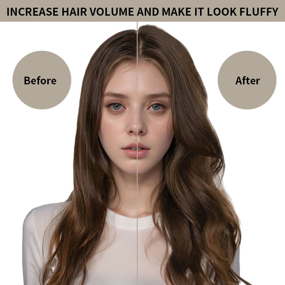 Before and after wearing clip-in hair pads (#2), visible volume boost and natural blending effect