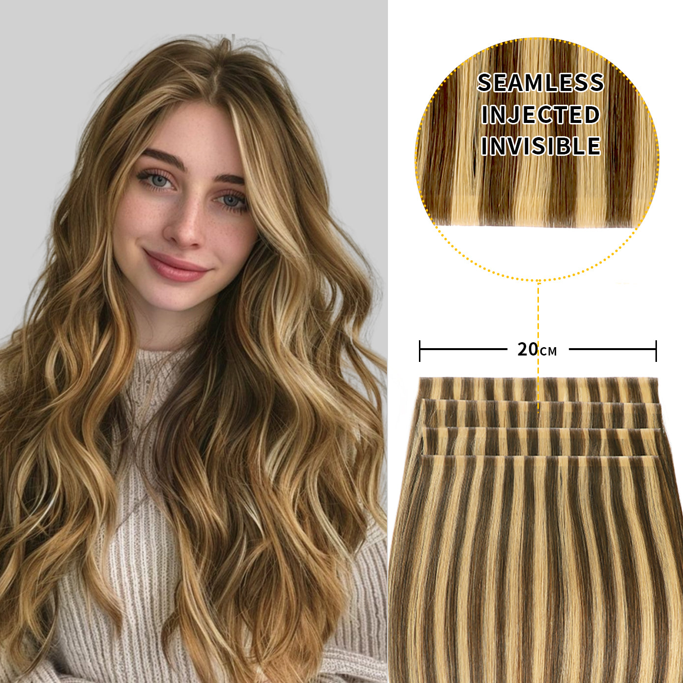 Model showcasing Realmhair 20*0.8cm long invisible tape in hair extension 4Pcs (#P4/27)