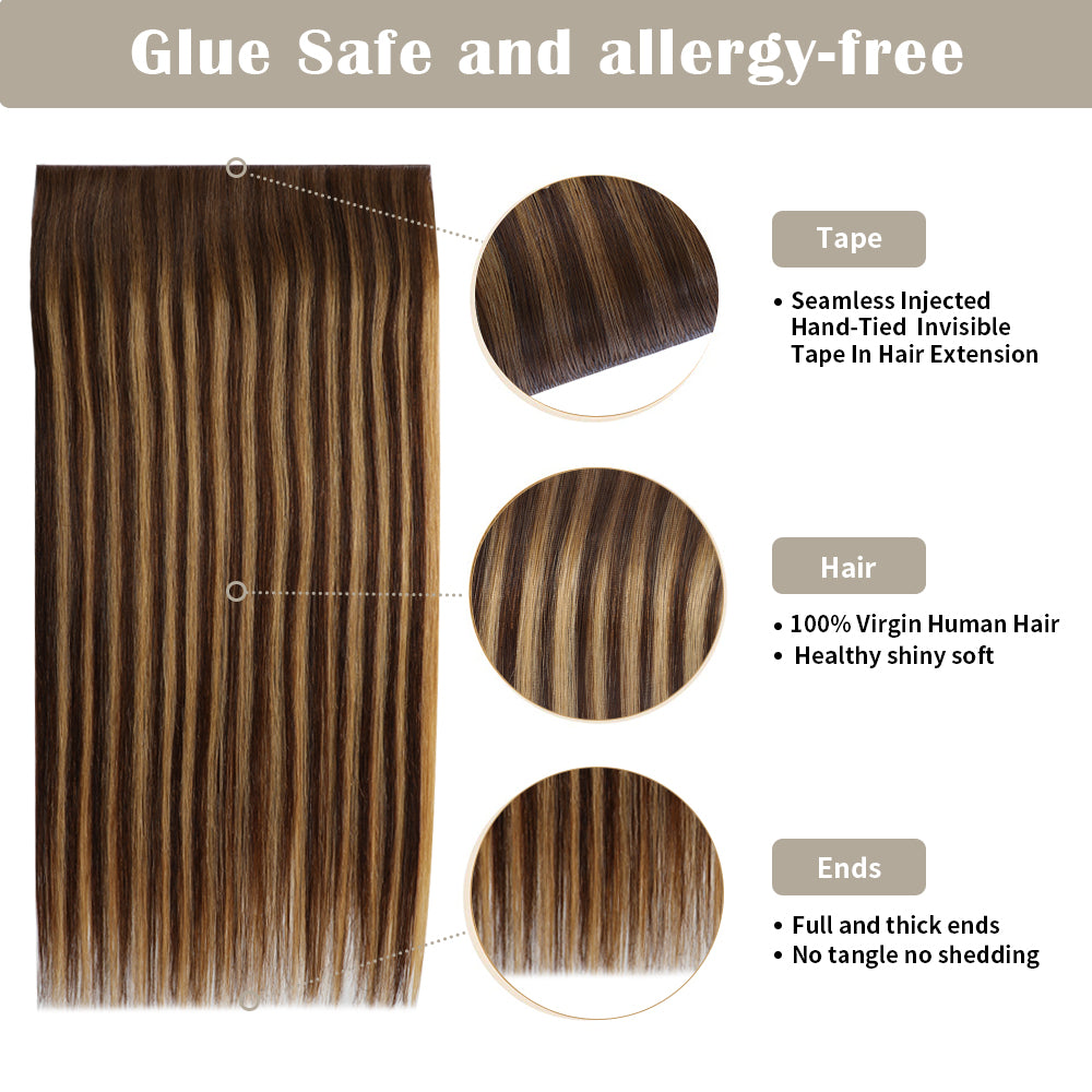 Details of Realmhair invisible tape-in extensions (#P4/27/T4): seamless tape, virgin hair, thick ends 