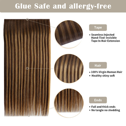 Details of Realmhair invisible tape-in extensions (#P4/27/T4): seamless tape, virgin hair, thick ends 