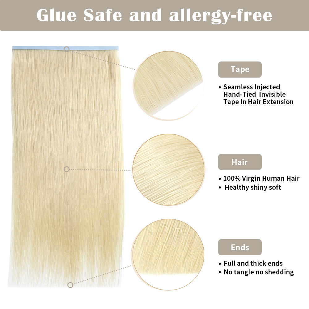 Details of Realmhair invisible tape-in extensions (#60): seamless tape, virgin hair, thick ends