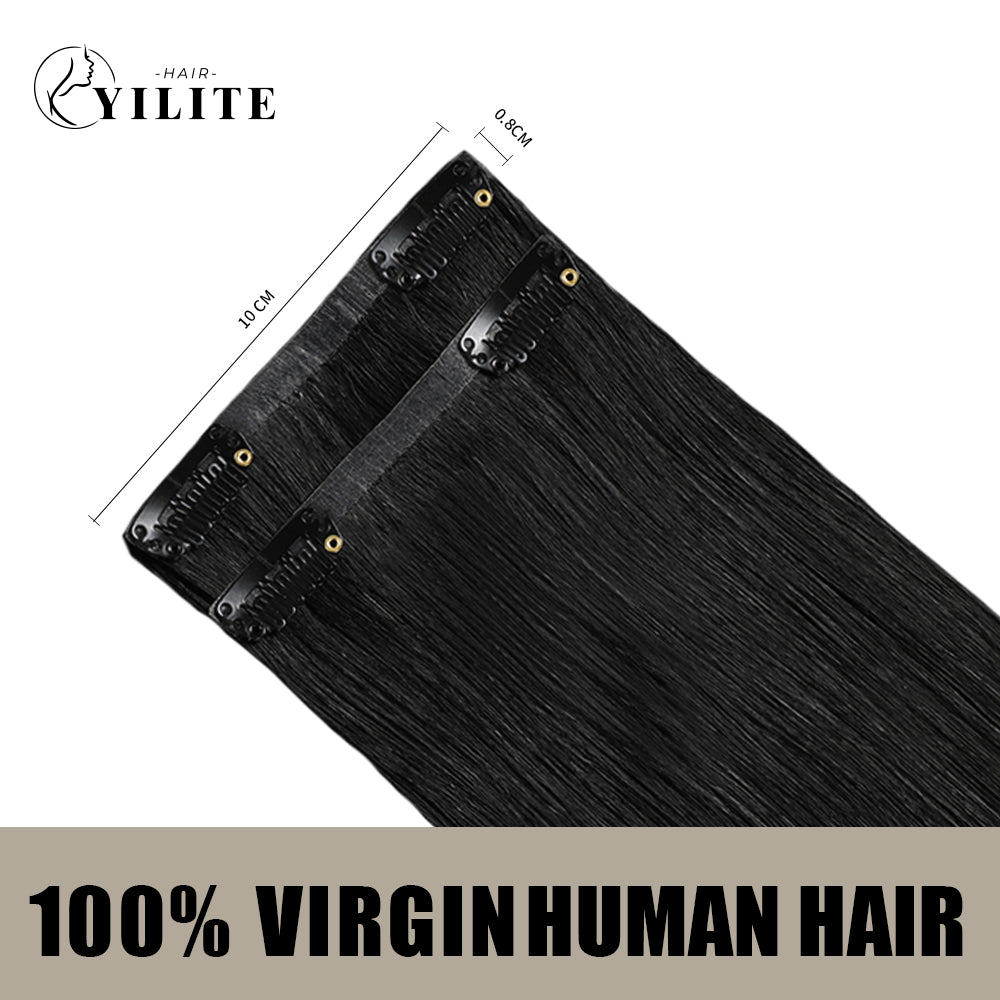 Back view of 2 clip-in hair pads with 2 clips each, 100% virgin human hair in color #1 