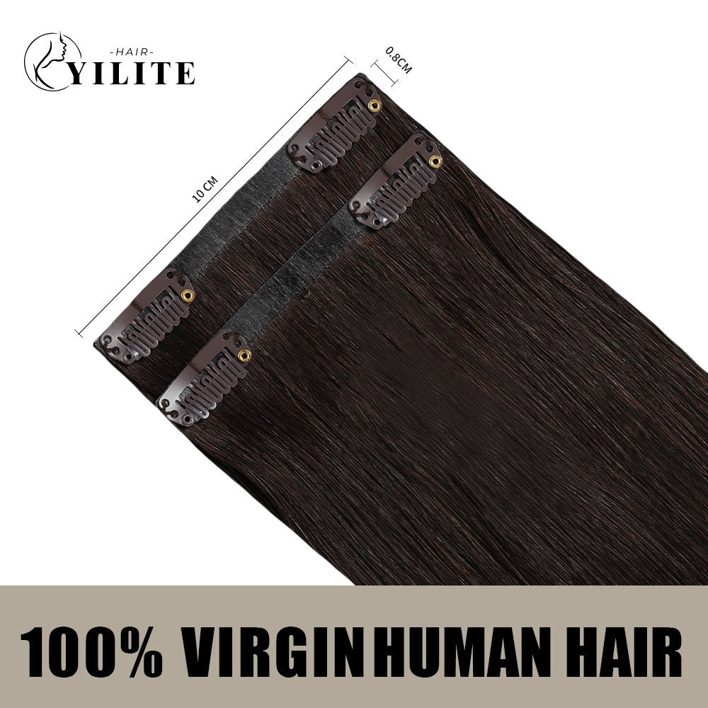 Back view of 2 clip-in hair pads with 2 clips each, 100% virgin human hair in color #2