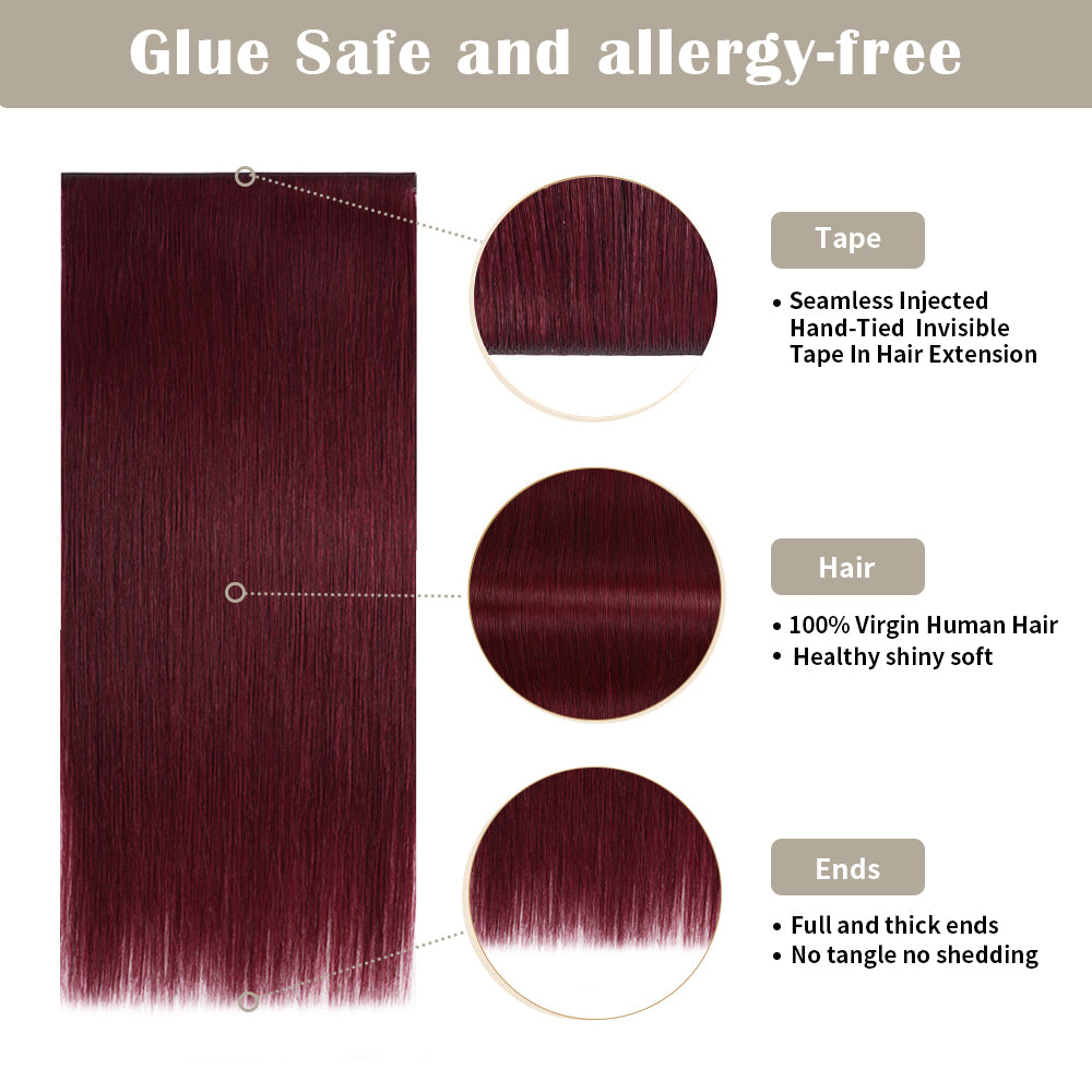 Details of Realmhair invisible tape-in extensions (#99J): seamless tape, virgin hair, thick ends 