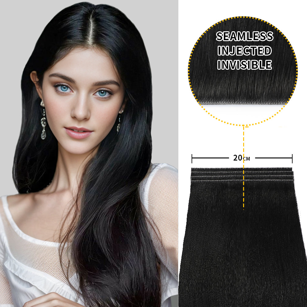 Model showcasing Realmhair 20*0.8cm long invisible tape in hair extension 4Pcs virgin human hair (#1 )