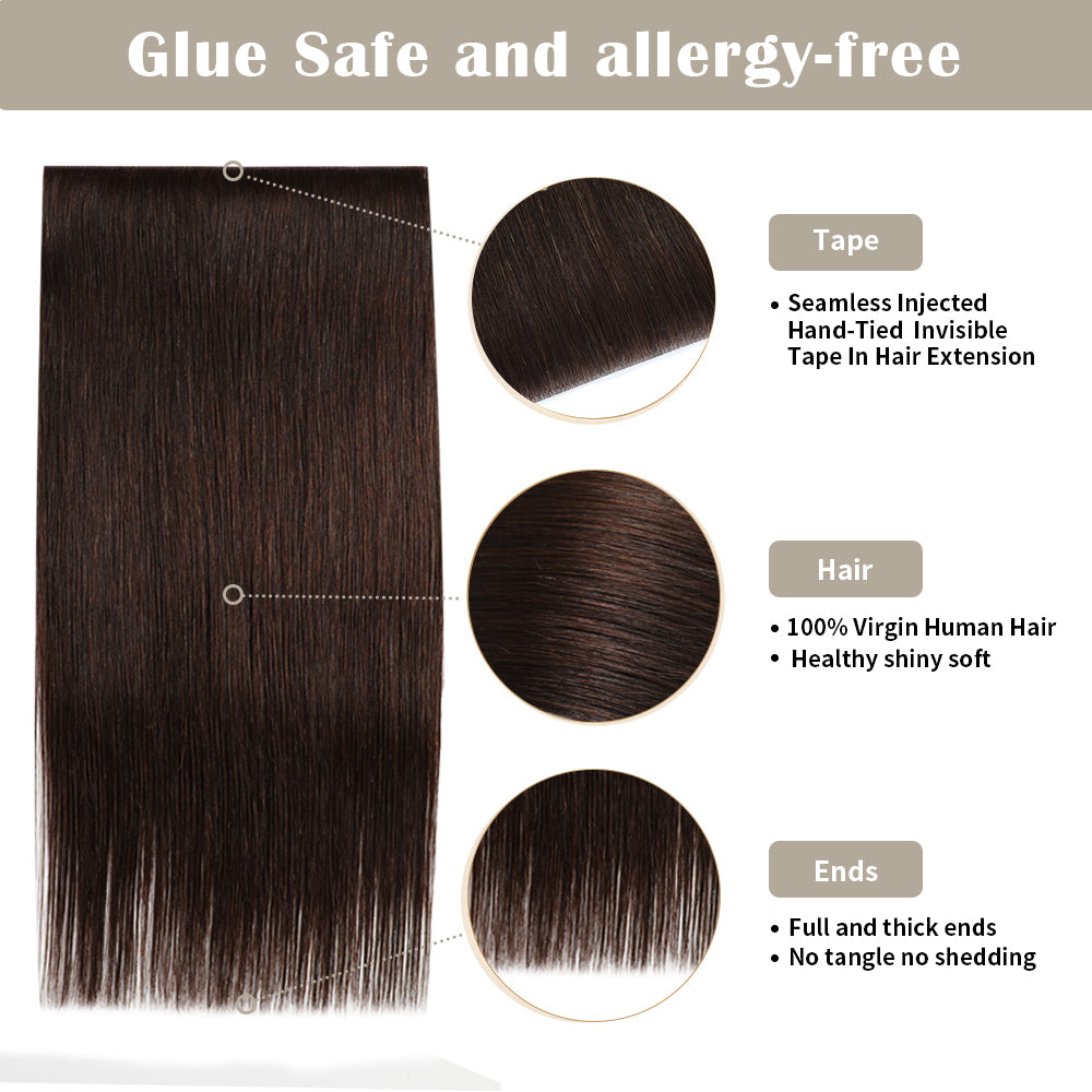 Details of Realmhair invisible tape-in extensions (#2): seamless tape, virgin hair, thick ends 