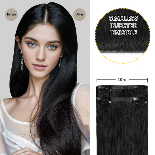 Front view of 2 seamless injected invisible clip in hair extensions (#1 Jet Black)