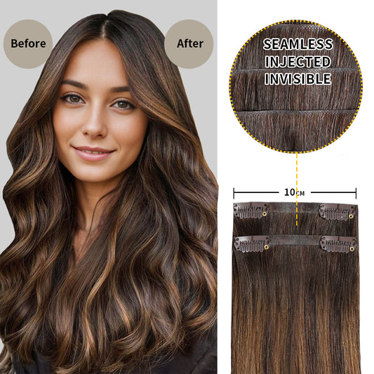 Before and after wearing Realmhair #P2/6/T2 seamless clip in hair pads, 10cm wide piece