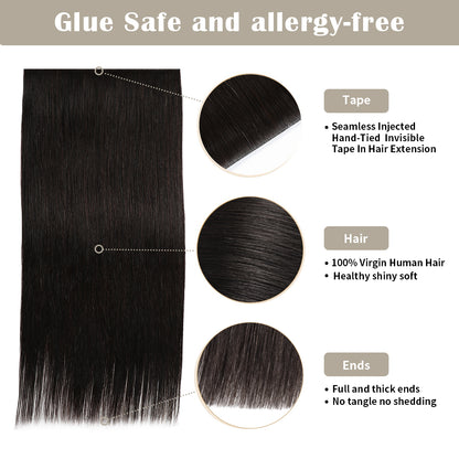 Details of Realmhair invisible tape-in extensions (#1B): seamless tape, virgin hair, thick ends