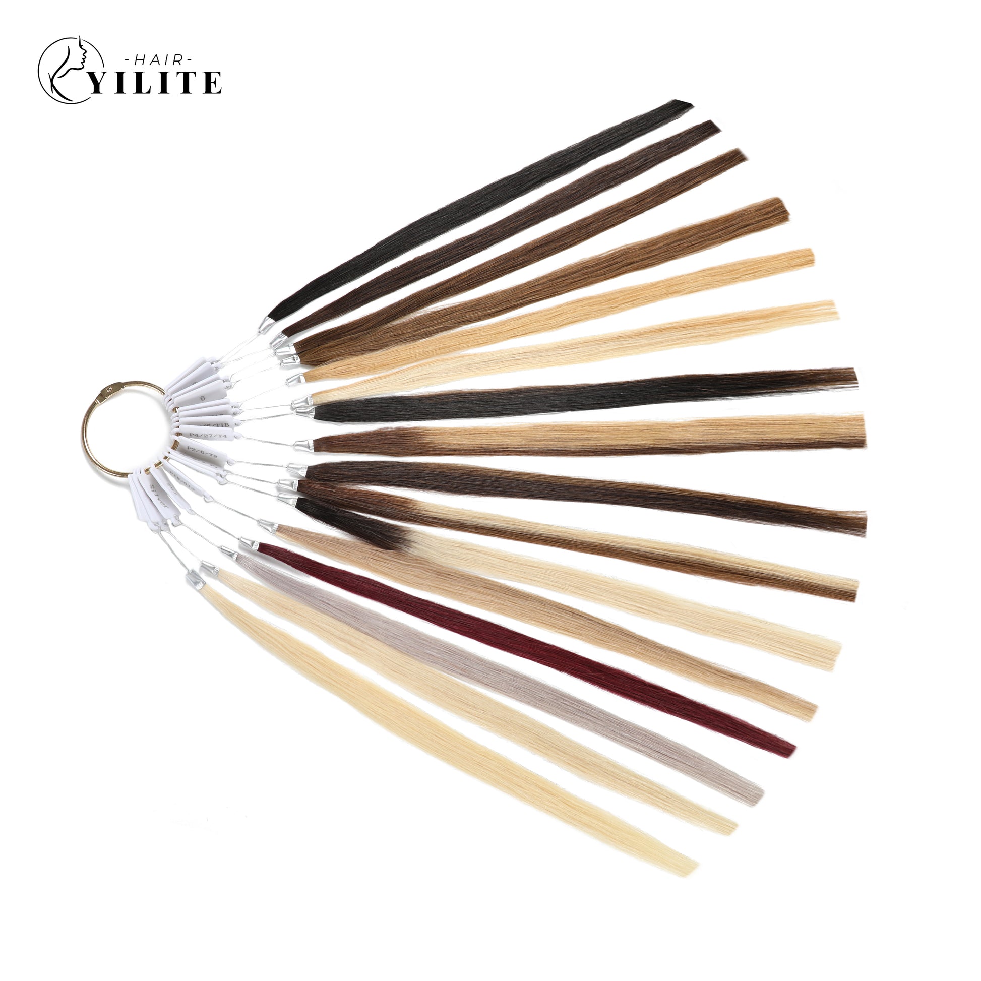 Realmhair virgin hair color ring fully spread out, 14-inch swatches for salon (20 shades)