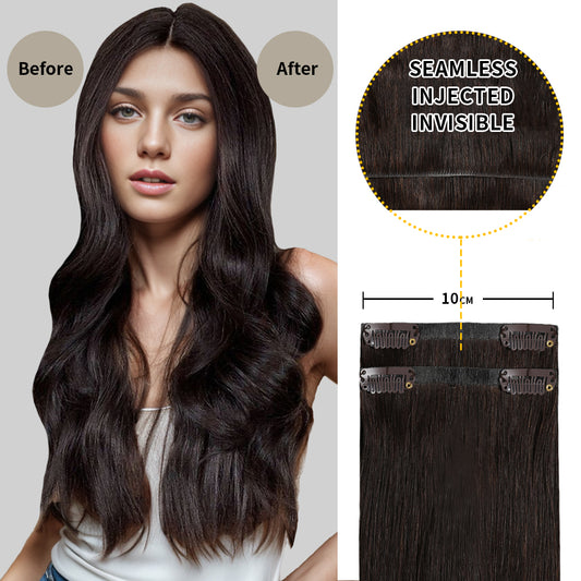 Before and after wearing Realmhair #2 seamless clip in hair pads, 10cm wide piece    