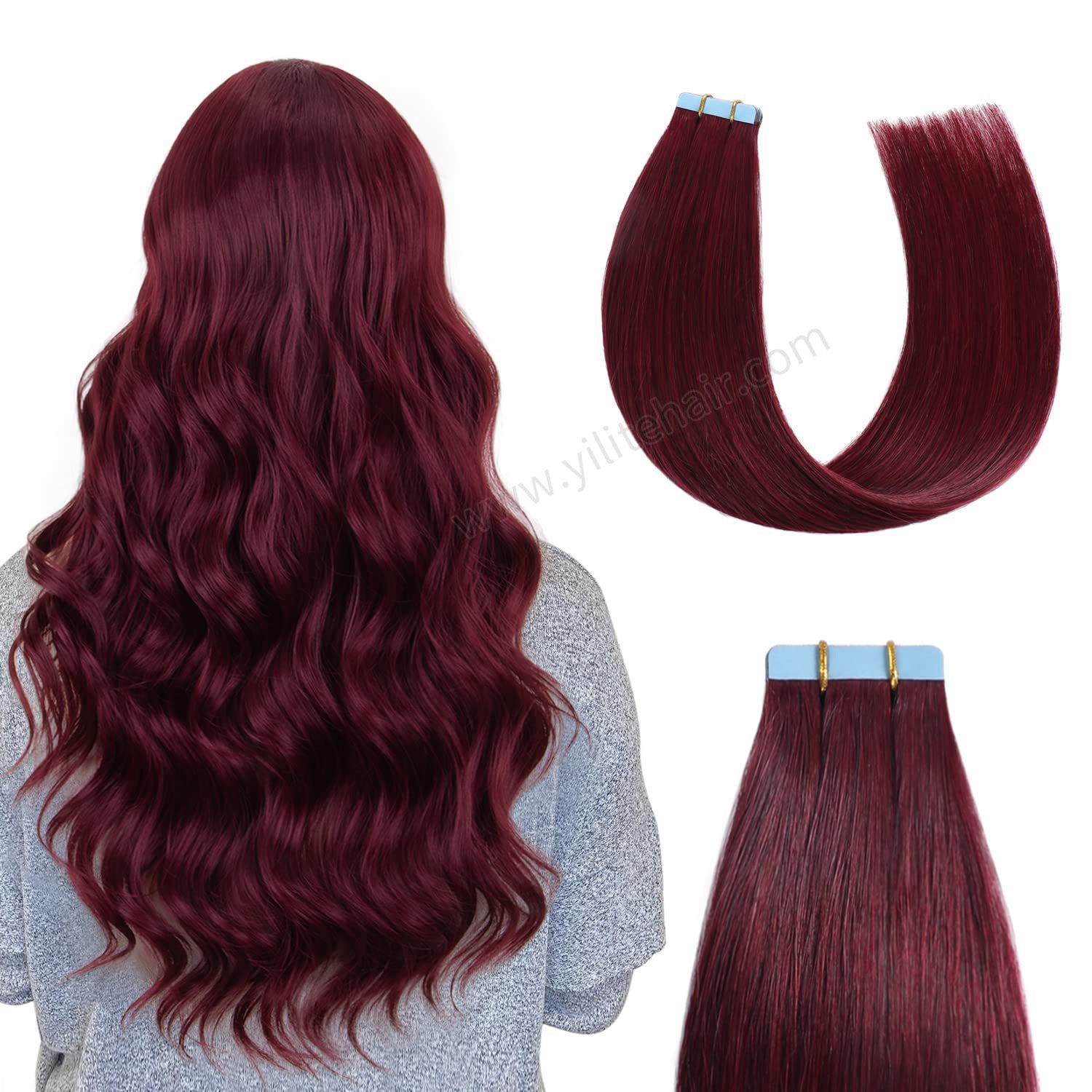 Realmhair Tape In Hair Extensions Tape Ins Invisible Natural Remy Human Hair (#99J Burgundy)-Realmhairhair