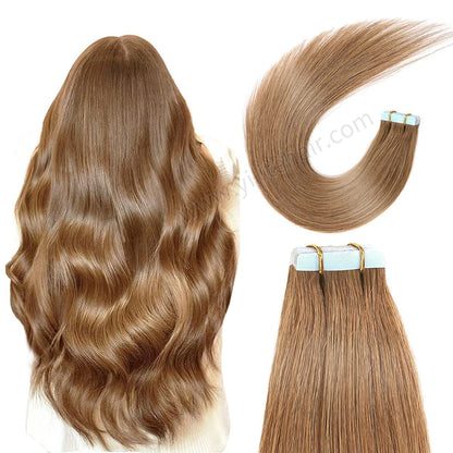 Realmhair Tape In Hair Extensions Tape Ins Invisible Natural Remy Human Hair (#8 Light Brown)