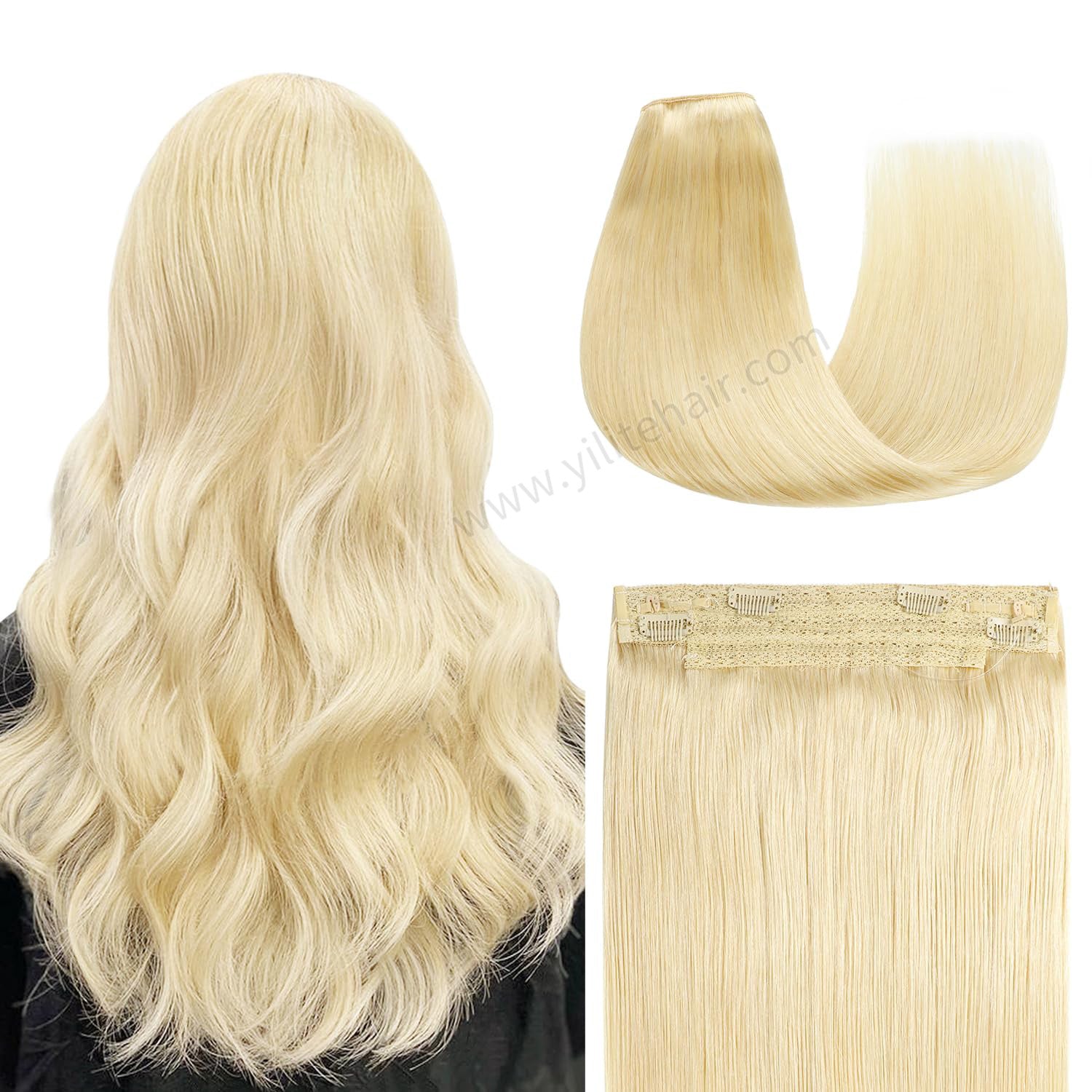 Back view of the model showing wire extensions in color #60, and a close-up of the hair extensions