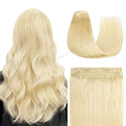 Back view of the model showing wire extensions in color #60, and a close-up of the hair extensions