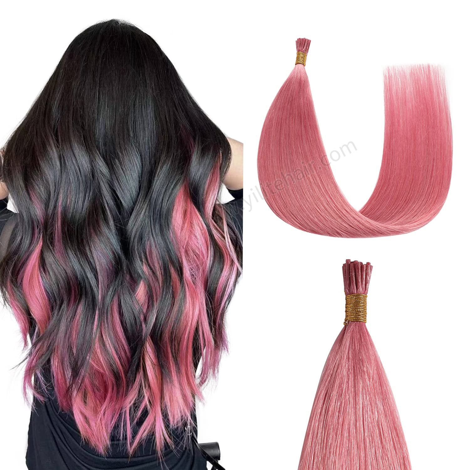 Back view of model wearing hot pink I Tip hair extensions blended with black hair 