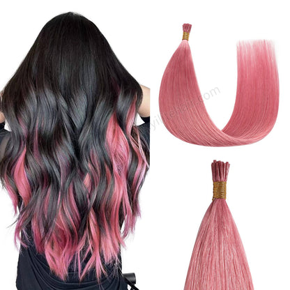 Back view of model wearing hot pink I Tip hair extensions blended with black hair 
