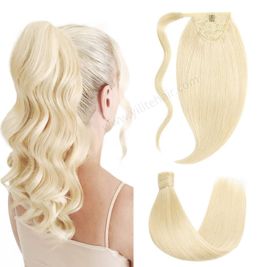 Back view of model showcasing Realmhair ponytail extension with magic paste (#60 Platinum Blonde)