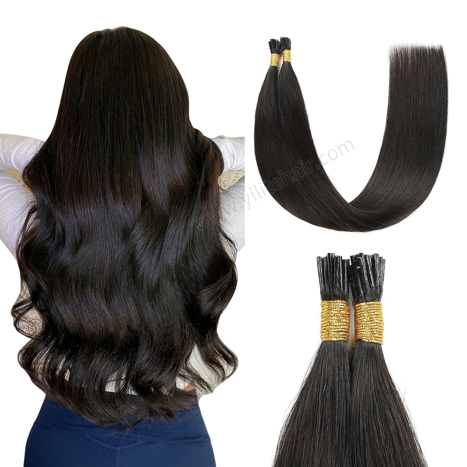Back view of model wearing Realmhair I Tip hair extensions (#1B Natural Black) 