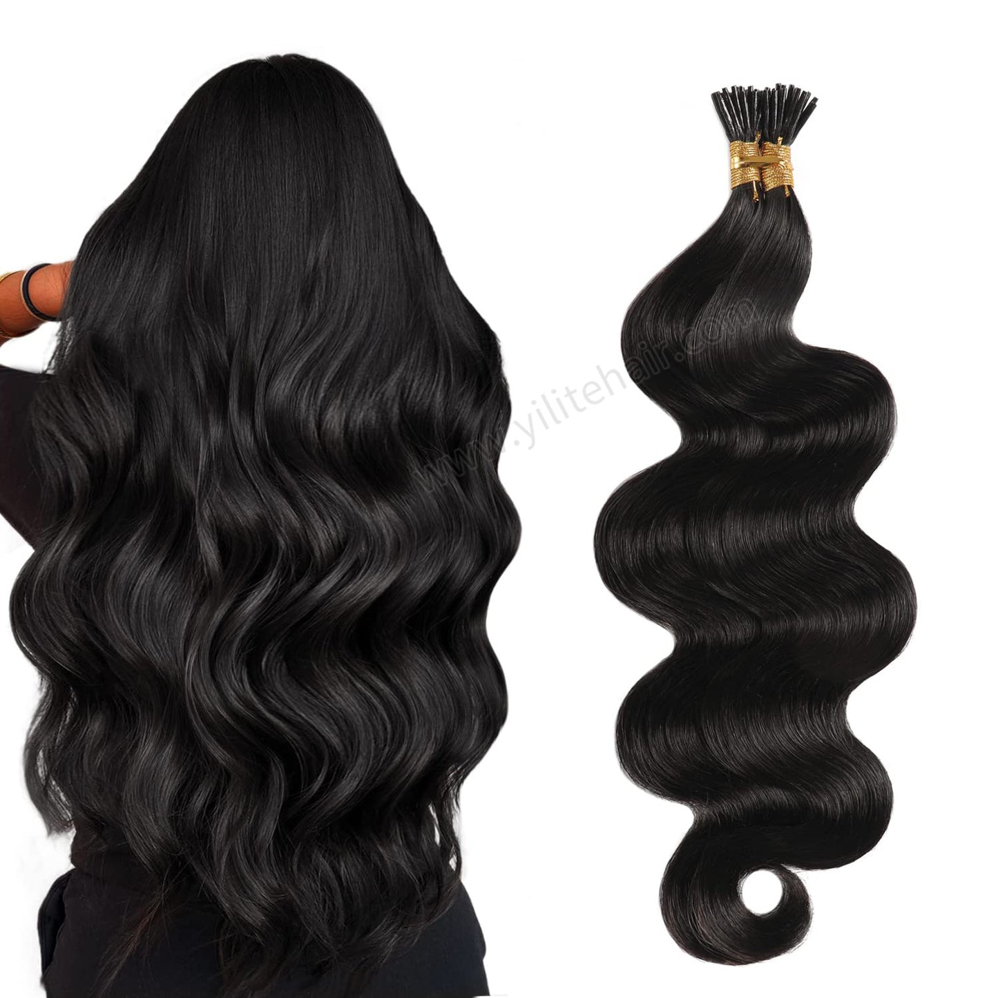Back view of model wearing Realmhair I Tip extensions Body Wave hair (#1B Natural Black)