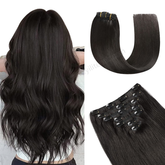 Back view of model wearing classic clip-in hair extensions 7Pcs 16 clips (#1B Natural Black)  