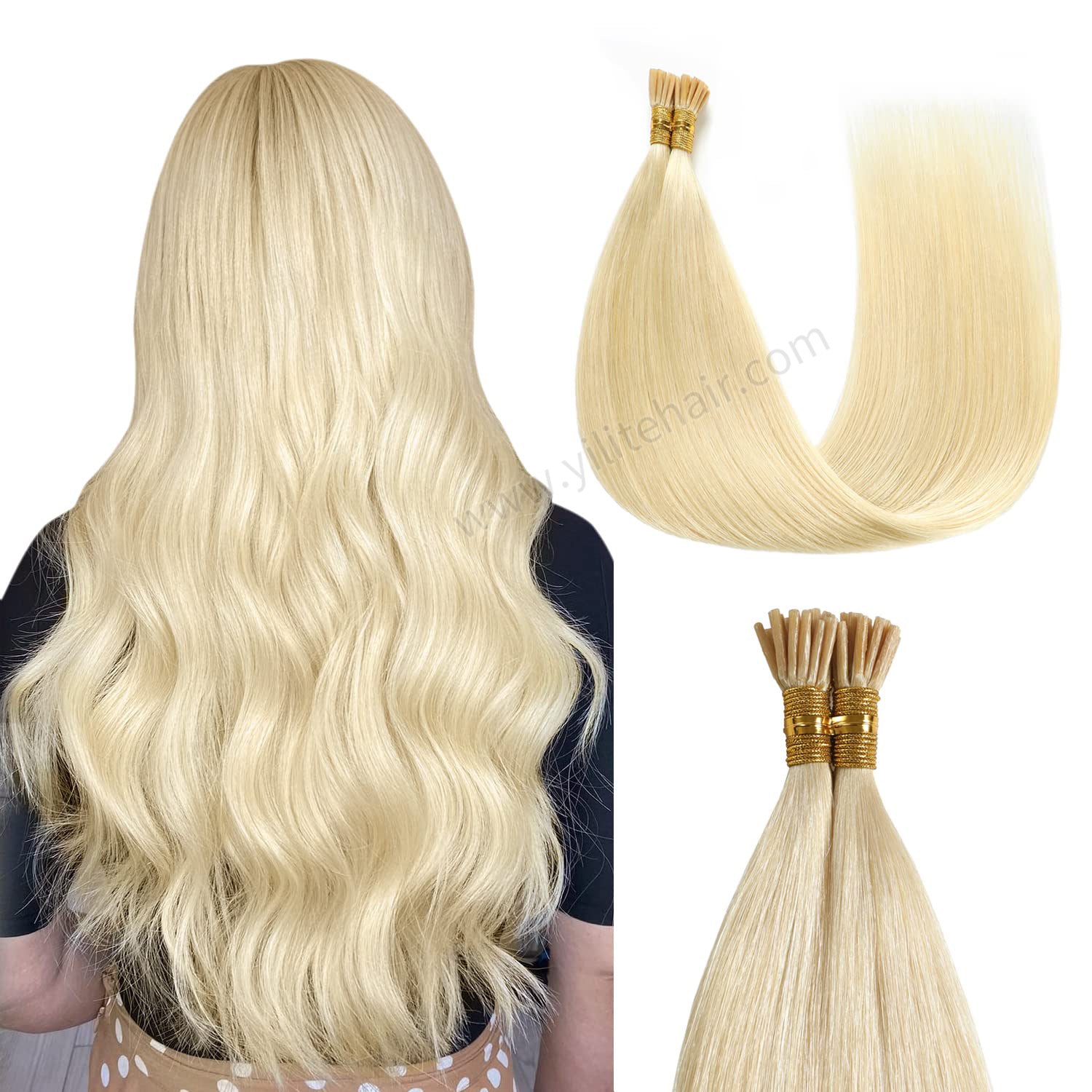 Back view of model wearing Realmhair I Tip hair extensions (#60 Platinum Blonde)  