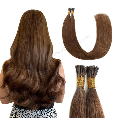 Back view of model wearing Realmhair I Tip hair extensions (#6 Chestnut Brown)