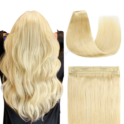 Back view of the model showing wire extensions in color #613, and a close-up of the hair extensions