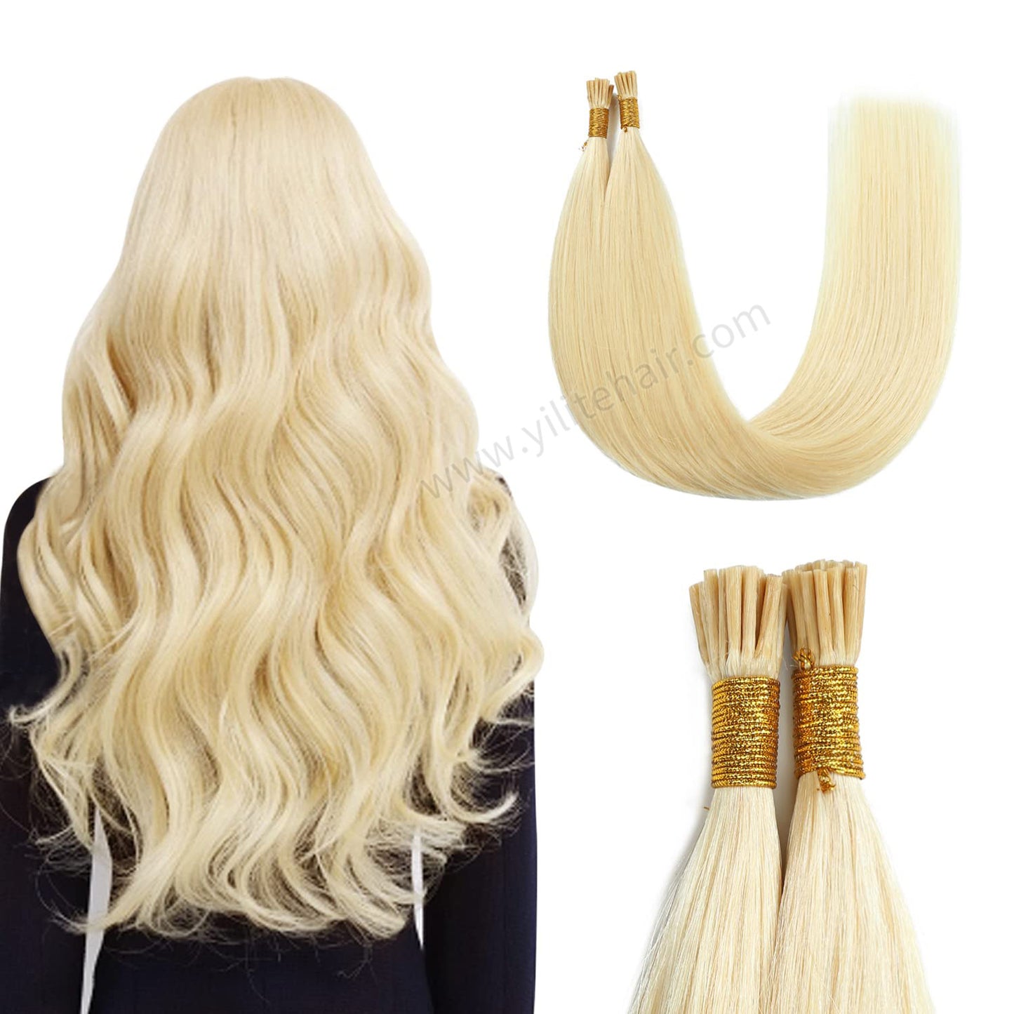 Back view of model wearing Realmhair I Tip hair extensions (#613 Bleach Blonde) 