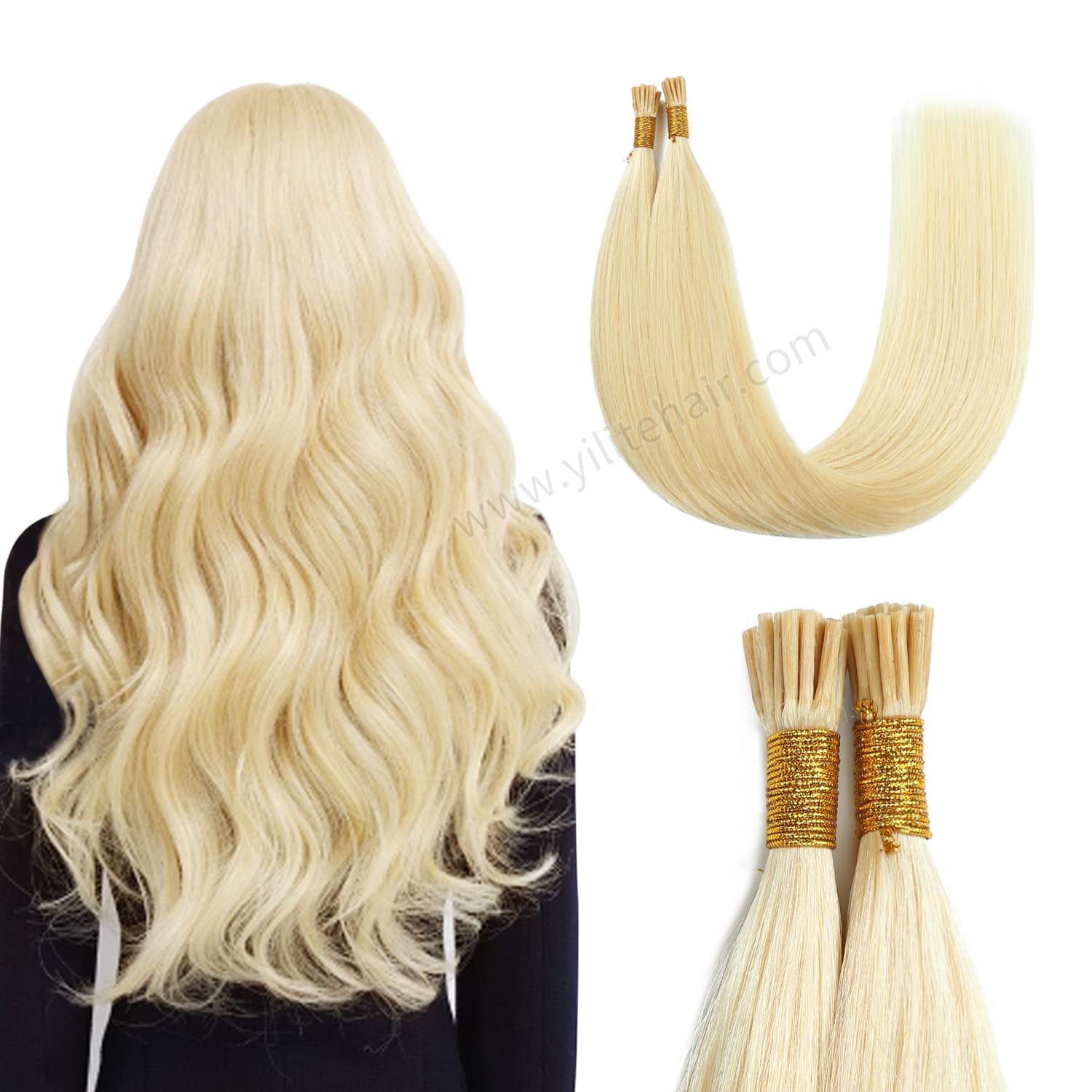 Back view of model wearing Realmhair I Tip hair extensions (#613 Bleach Blonde) 