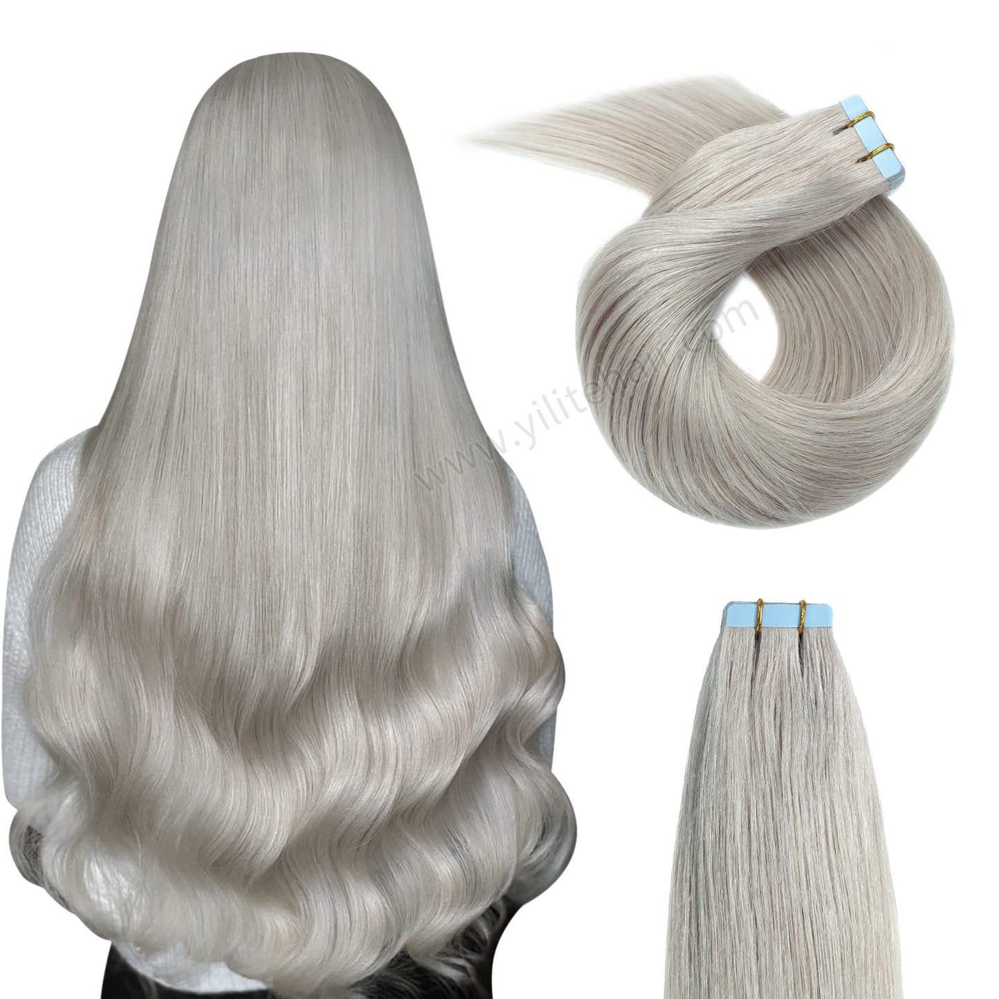 Realmhair Tape In Hair Extensions Tape Ins Invisible Natural Remy Human Hair (#Silver)-Realmhairhair