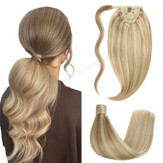 Back view of model showcasing Realmhair ponytail extension with magic paste (#P18/613 ) 