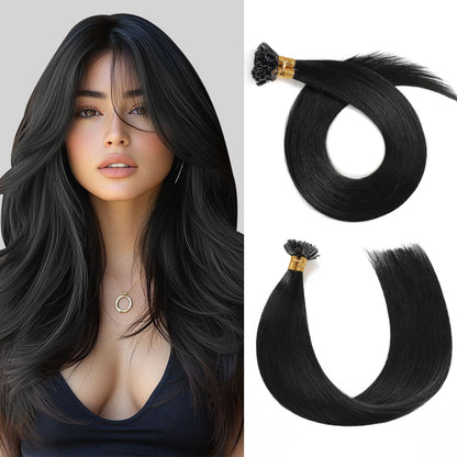 Model wearing Realmhair U Tip hair extensions  (#1 Jet Black)