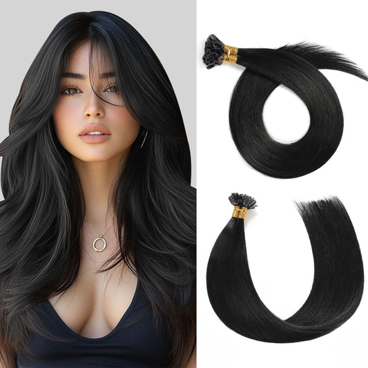 Model wearing Realmhair U Tip hair extensions  (#1 Jet Black)