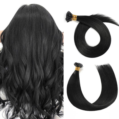 Back view of model wearing Realmhair U Tip hair extensions (#1 Jet Black)