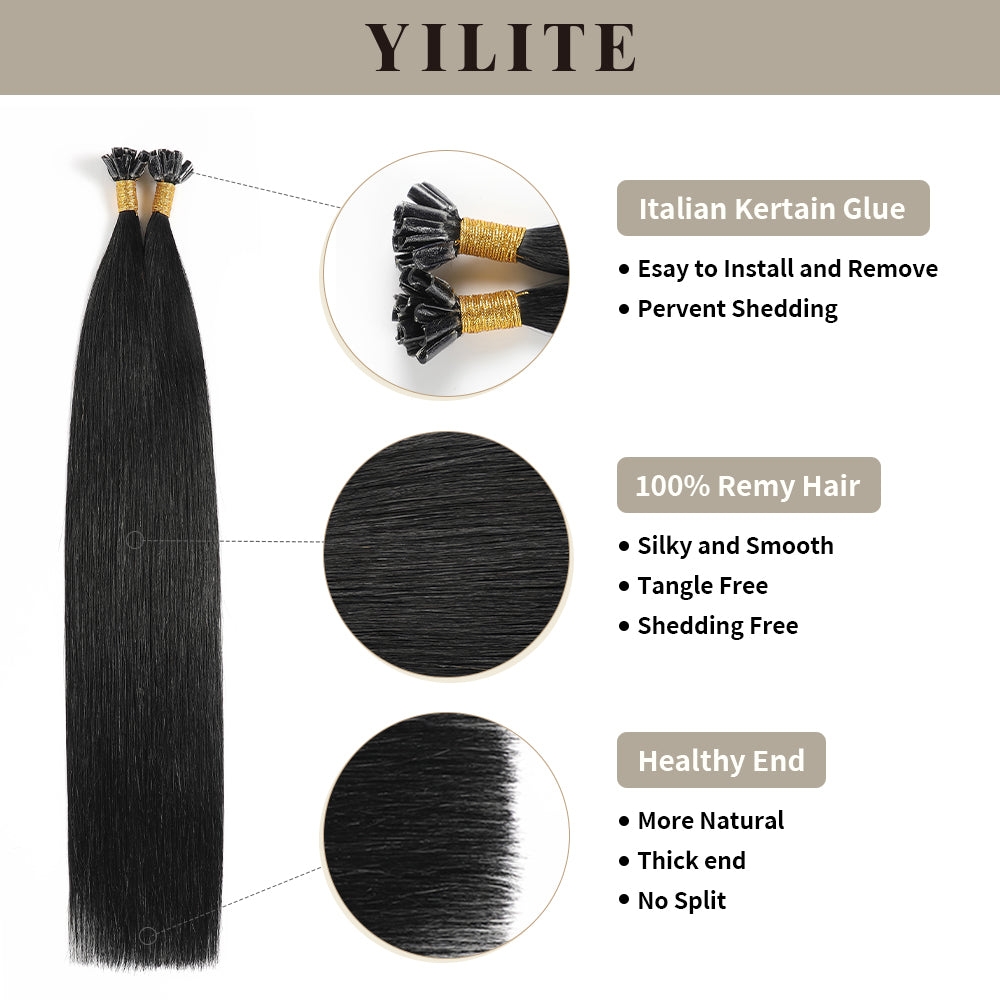 Realmhair U Tip hair extensions with Italian keratin glue, 100% virgin hair, healthy ends (#1)