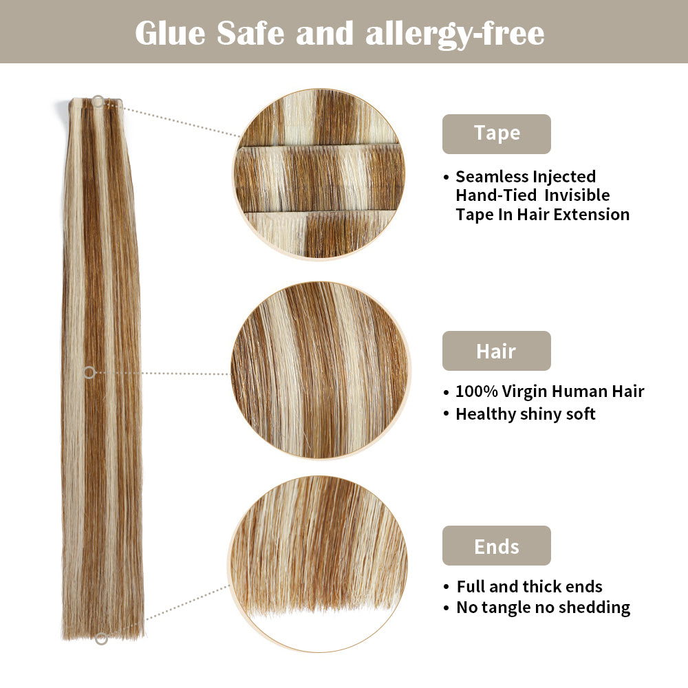 Realmhair Seamless Injected Hand-Tied Invisible Tape In Hair Extension 20Pcs Virgin Human Hair (P8/60)