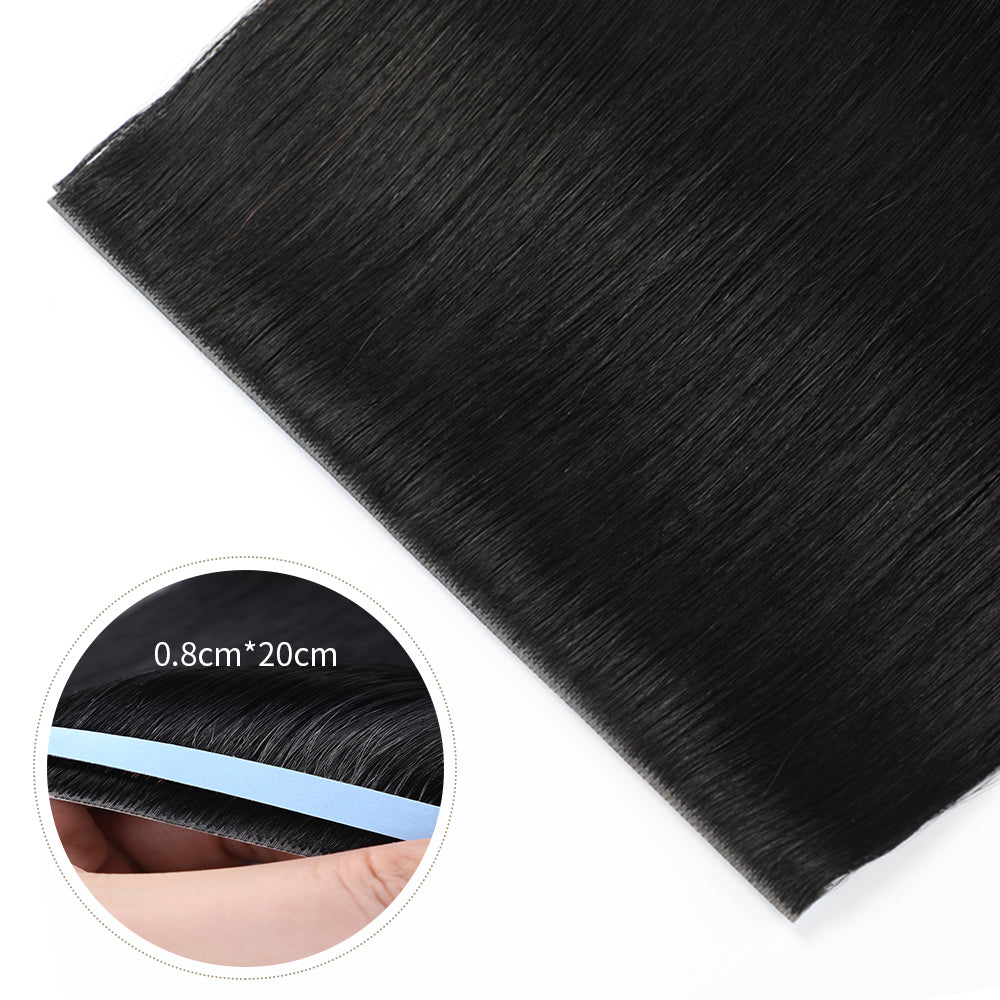 Close-up of Realmhair 20¡Á0.8cm invisible tape-in hair extensions in color #1 Jet Black 