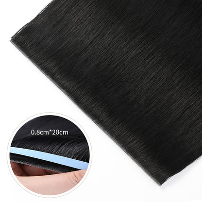 Close-up of Realmhair 20¡Á0.8cm invisible tape-in hair extensions in color #1 Jet Black 