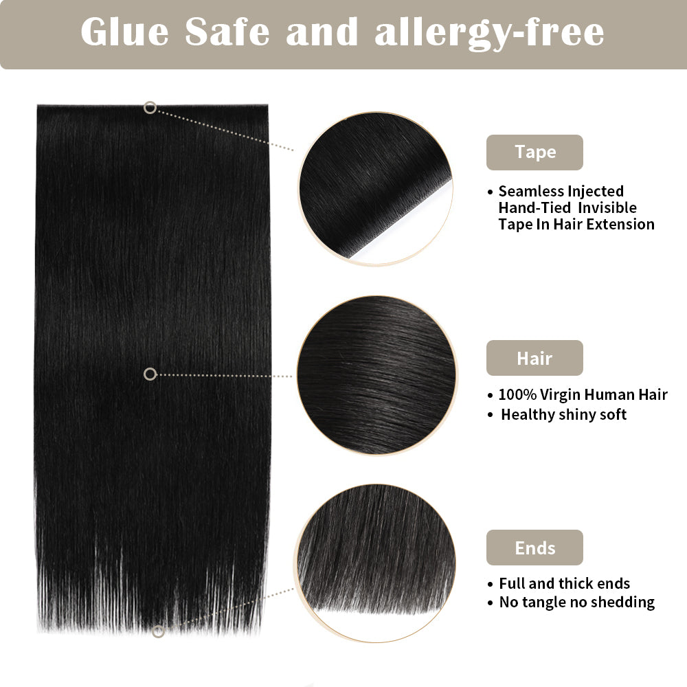 Details of Realmhair invisible tape-in extensions (#1 ): seamless tape, virgin hair, thick ends 