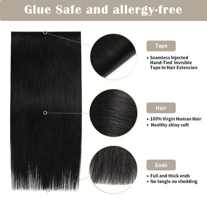 Details of Realmhair invisible tape-in extensions (#1 ): seamless tape, virgin hair, thick ends 