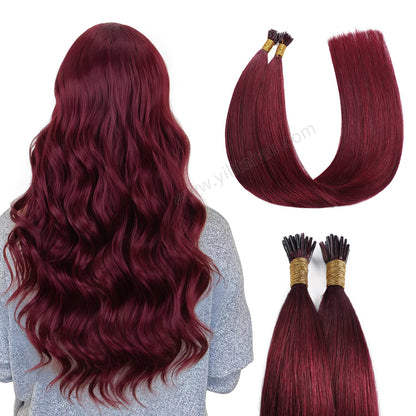 Back view of model wearing Realmhair I Tip hair extensions (#99j Burgundy)