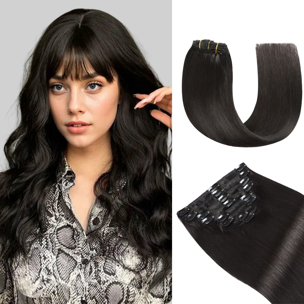 Model showcasing classic clip-in hair extensions 8Pcs 18 clips (#1B Natural Black)