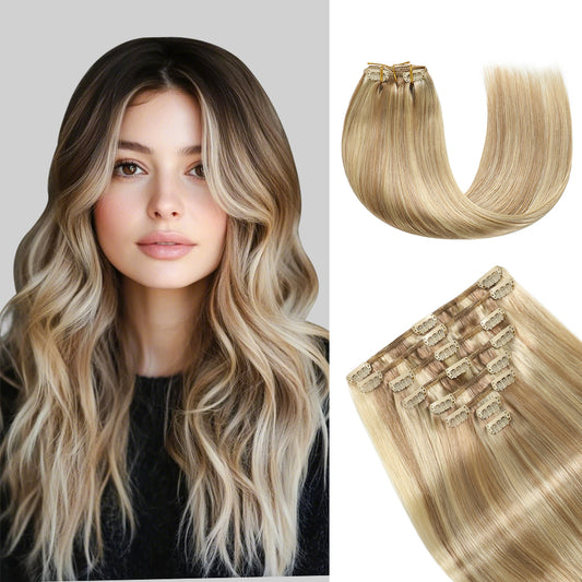 Model wearing  classic clip-in hair extensions 8Pcs 18 clips (#P18/613)