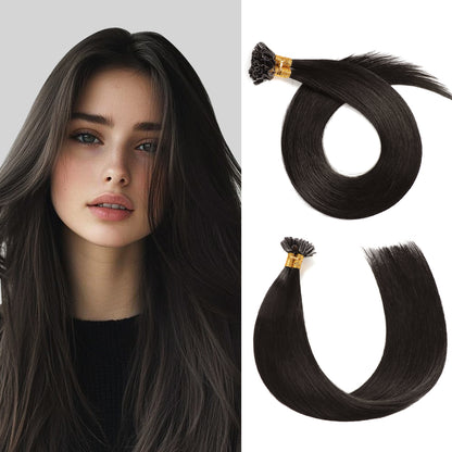 Model wearing Realmhair U Tip hair extensions (#1B Natural Black)