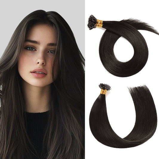 Model wearing Realmhair U Tip hair extensions (#1B Natural Black)